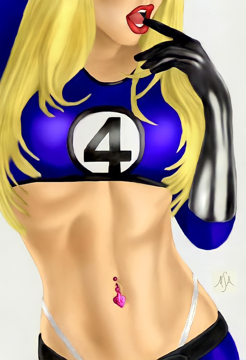 1girls belly belly_button belly_button_piercing blonde_hair crop_top exposed_panties fantastic_four female female_only finger_in_mouth g-string gloves human human_only invisible_woman light-skinned_female light_skin lips long_hair marvel marvel_comics midriff midriff_baring_shirt naughty_face navel navel_piercing open_mouth panties panty_peek red_lipstick seductive seductive_look seductive_mouth seductive_pose short_hair small_breasts solo sue_storm thong thong_panties thong_straps thong_underwear underwear whale_tail white_g-string white_panties white_thong white_underwear