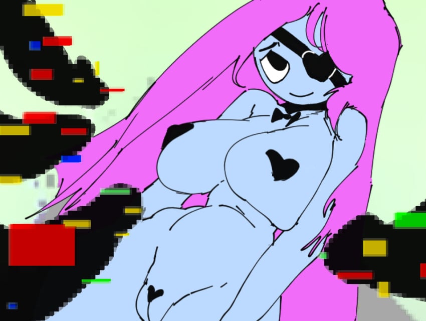 adult_swim artist_request blue_skin breast curvy_female eye_patch female glitch learning_with_pibby multiple_penises pibby purple_hair simple_background tagme