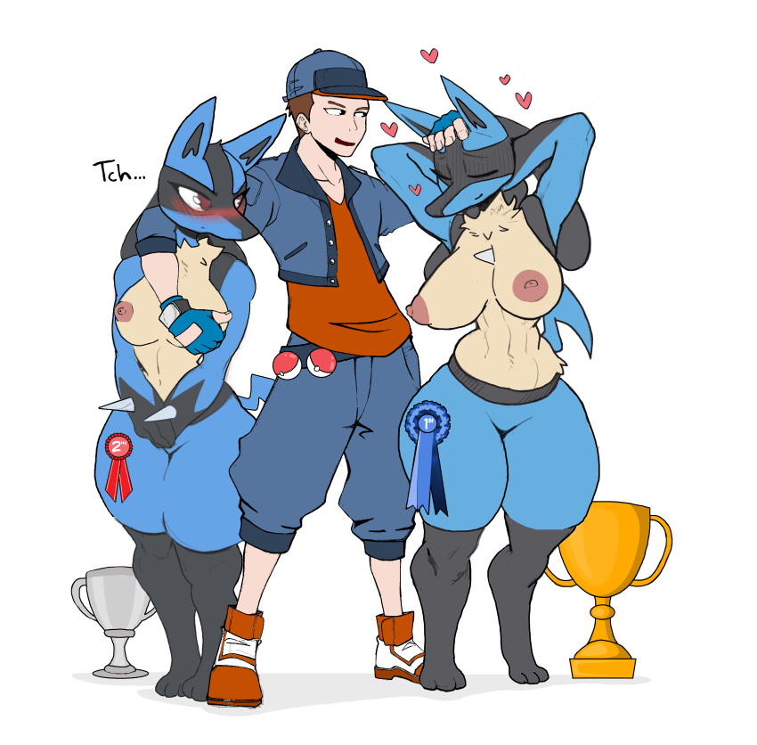 1boy 2girls absurd_res big_breasts blue_fur breast_grab breasts butt canine clothing dog_tail dominant female_lucario florida_man groping huge_ass human lucario nintendo nipples paws pimp pokemon pokemon_(species) pokemon_trainer pokephilia pussy stomach submissive thick_ass thick_thighs traced_art white_background wide_hips