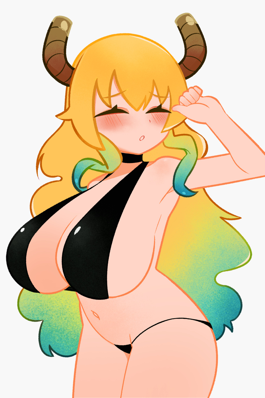 big_breasts blush breasts closed_eyes curvy dragon_horns female female_only horns large_breasts light_skin long_hair lucoa mature_female miss_kobayashi's_dragon_maid multicolored_hair noxtwice quetzalcoatl_(dragon_maid) solo solo_female