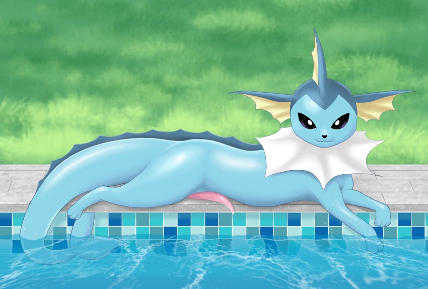 animal_genitalia canid canine digital_media_(artwork) draquarzi eeveelution erection feral generation_1_pokemon genitals grass hi_res looking_at_viewer lying male male_only male_vaporeon mammal nintendo outside penis plant pokemon pokemon_(species) poolside seductive solo sploot tapering_penis vaporeon video_games water