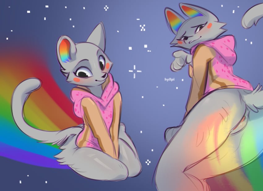 1girls 2022 5_fingers anthro ass butt digital_media_(artwork) domestic_cat felid feline felis female fingers fur genitals grey_body grey_fur hi_res hyilpi mammal meme nude nyan_cat pussy rainbow smile