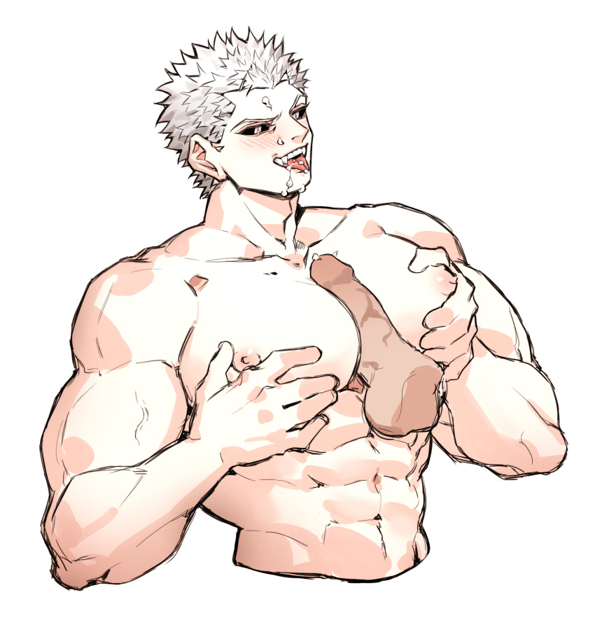 2boys abs babulon big_pecs black_sclera blush cum cum_on_face disembodied_penis erection fangs kengan_(series) kengan_ashura kure_raian male male_only muscular muscular_male open_mouth pec_grasp pecjob pecs penis smile solo_focus spiky_hair tongue_out topless topless_male uncensored upper_body very_short_hair white_hair yaoi