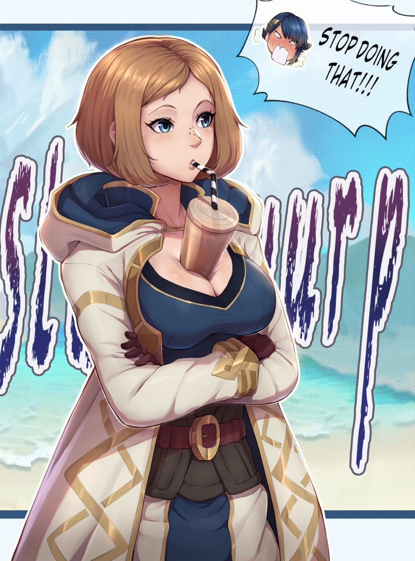 1boy 1girls absurdres alfonse_(fire_emblem) belt between_breasts blue_eyes breasts brown_hair bubble_tea bubble_tea_challenge cleavage drink drinking english_text evomanaphy female female_focus fire_emblem fire_emblem_heroes highres hood hood_down kiran_(fire_emblem) kiran_(fire_emblem)_(female) large_breasts male nintendo robe short_hair shouting solo_focus white_robe