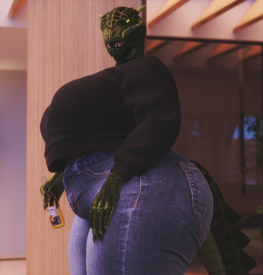 anthro argonian bethesda_softworks big_ass big_breasts black_shirt black_sweater blue_jeans breasts clothed coolmaster98 corona_(beer) deeja denim denim_clothing denim_jeans female jeans larger_female looking_at_viewer obese obese_female scalie scalie_female scalie_only skyrim sweater tagme the_elder_scrolls tight_jeans tight_pants