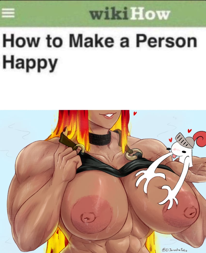 abs big_breasts big_nipples bluch breasts_out dark-skinned_female eljarochofeliz fire_hair flaming_hair funny how_to_make_a_person_happy meme muscular muscular_female puffy_nipples puppet_(eljarochofeliz) squeezing_breast titania_(eljarochofeliz) tongue_out wikihow