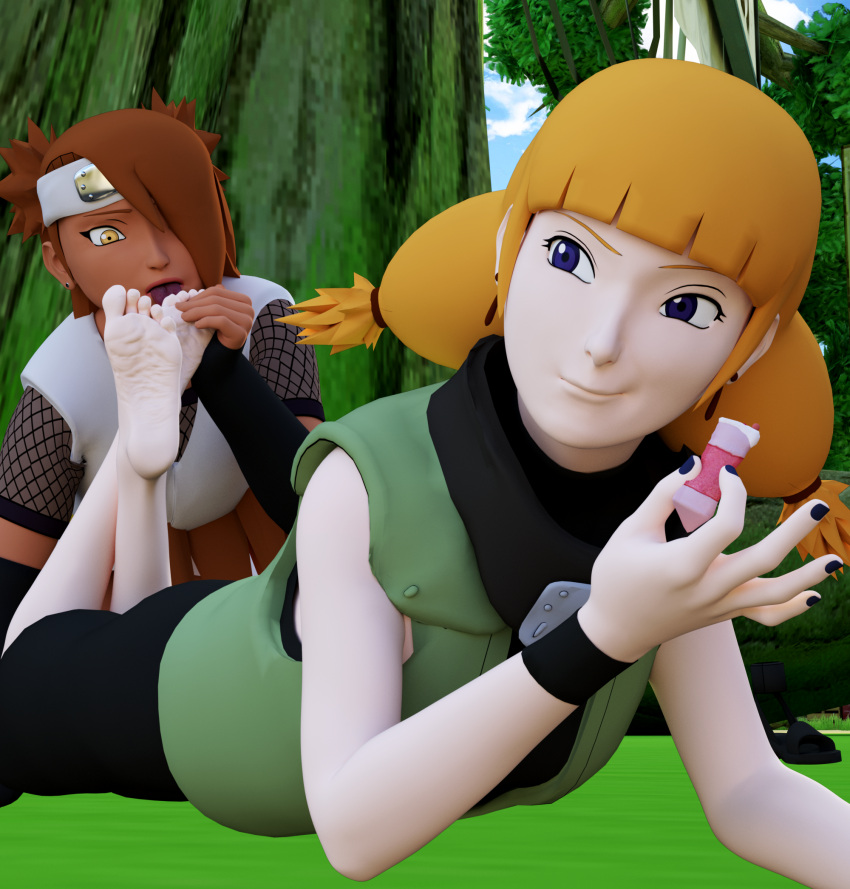 2girls 3d age_difference akimichi_chouchou all_fours barefoot bent_over bodysuit boruto:_naruto_next_generations brown_hair chubby chubby_female dark-skinned_female dark_skin eating female female_only fetish foot_fetish foot_worship forest fully_clothed holding_food holding_object implied_sex implied_yuri interracial kazamatsuri_moegi kimono kneeling light-skinned_female light_skin lying nail_polish naruto naruto_(series) nature older_female on_stomach orange_hair outdoors purple_eyes sandals sandals_removed shoes shoes_removed sleeveless smile smirk teacher_and_student tied_hair twintails vest wristband yellow_eyes younger_female yuri