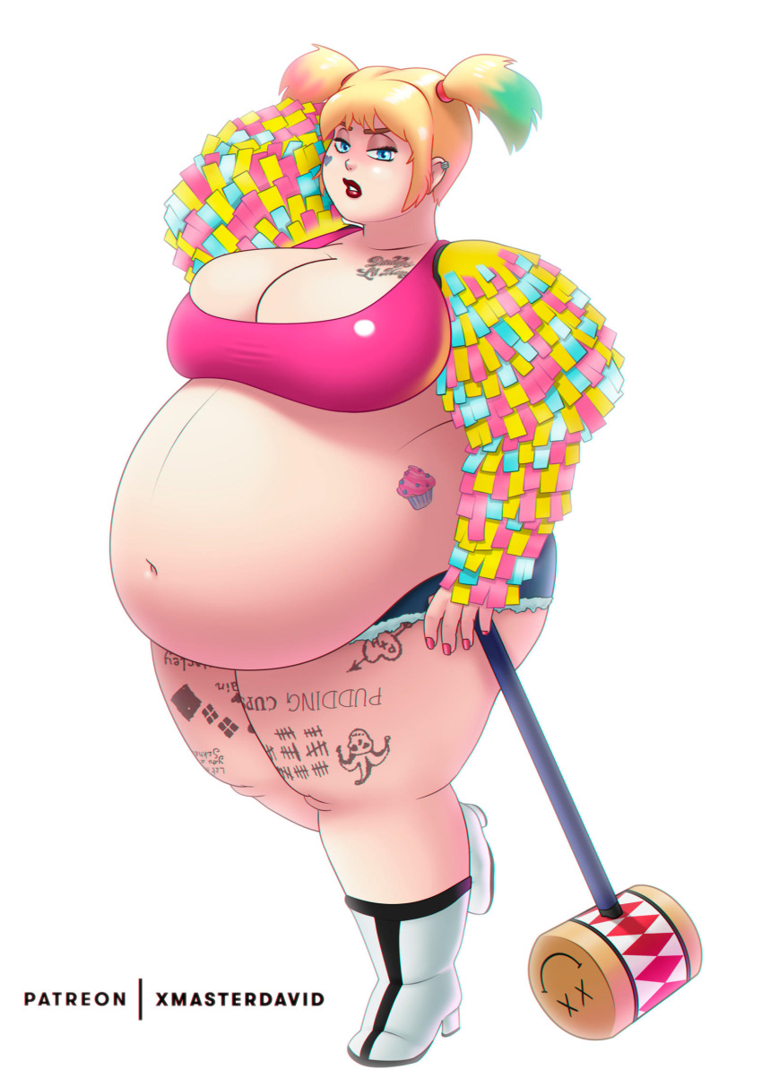 1girls bbw belly big_belly big_breasts blonde_hair breasts cleavage dc fat female harley_quinn large_breasts obese overweight twintails xmasterdavid