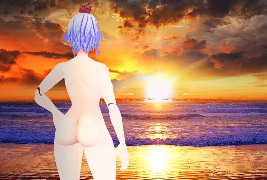 1girls 3d ass beach big_ass bubble_butt cybernetics dat_ass female_only meme naked nude nude_female official official_art pale-skinned_female robot_girl silver_hair sunset thick_thighs virtual_youtuber vshojo white_hair zentreya zentreya_(cyborg)