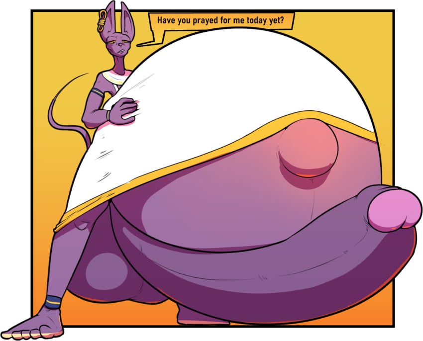 anthro beerus belly big_belly big_penis dialogue domestic_cat dragon_ball dragon_ball_super erection felid feline felis fur genitals hand_on_stomach huge_cock hyper hyper_belly hyper_genitalia hyper_penis hyper_pregnancy inisuu male male_only mammal navel outie_navel penis pregnant pregnant_male purple_body purple_fur solo text what