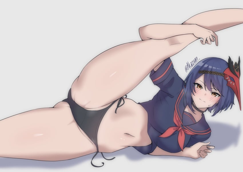 1girls akazuan_19 artist_name bangs bare_legs belly_button big_breasts black_hair black_panties blush choker closed_mouth genshin_impact kujou_sara large_breasts leg_lift leg_up looking_at_viewer lying mask navel panties sailor_collar school_uniform short_hair solo spread_legs sweatdrop tengu_mask thick_thighs thighs untied white_background