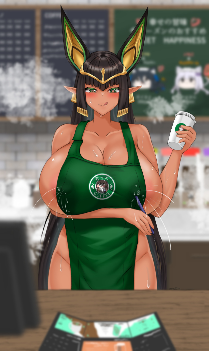 1girls apron big_breasts blunt_bangs dark-skinned_female dark_skin egyptian huge_breasts iced_latte_with_breast_milk lactating lactation lactation_through_clothes last_origin long_hair meme naked_apron sekhmet_of_death xiaor180