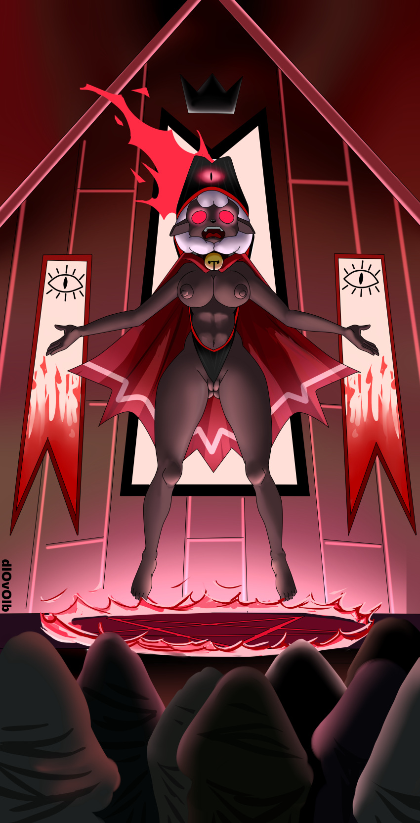 absurd_res anthro atomic_wedgie bell bovid breasts caprine clothing cult cult_of_the_lamb cultist dark_body dark_skin dlovolb female floating genitals group hi_res lamb_(cult_of_the_lamb) mammal nameless_one pentagram pussy red_crown_(cult_of_the_lamb) robe sheep solo wedgie