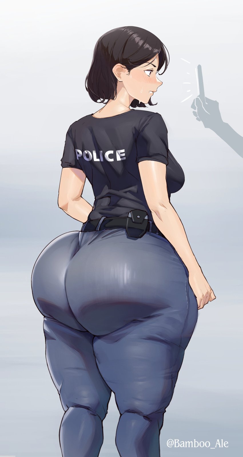 1girls ass back_view bamboo_ale big_ass blue_jeans breasts denim denim_clothing denim_jeans fat_ass huge_ass jeans offscreen_character original police_officer police_uniform policewoman small_breasts solo solo_female standing thicc_french_policewoman tight_clothing tight_fit tight_pants