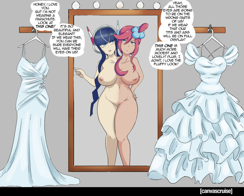 better_version_at_source black_hair blue_eyes breasts canvascruise conjoined dialogue dress elesa_(pokemon) game_freak headgear nintendo nude nude_female pokemon pokemon_bw red_hair skyla_(pokemon) speech_bubble text two_tone_body