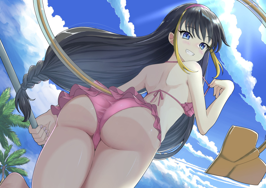 1girls 2020s 2021 absurd_res ass ass_focus back bangs bare_back bare_shoulders big_ass bikini black_hair blonde_hair blue_eyes blue_sky breasts cloud dat_ass day demon_tail female frilled_bikini frills grin halterneck hand_on_railing hi_res lessar_(to_aru_majutsu_no_index) light-skinned_female light_skin long_hair looking_at_viewer looking_back multicolored_hair outdoors palm_tree paradox_(hatto_air) pink_bikini railing shoulder_blades sideboob sidelocks sky smile solo standing streaked_hair swimsuit tail teenage_girl teenager teeth thighs to_aru_majutsu_no_index tree two-tone_hair young