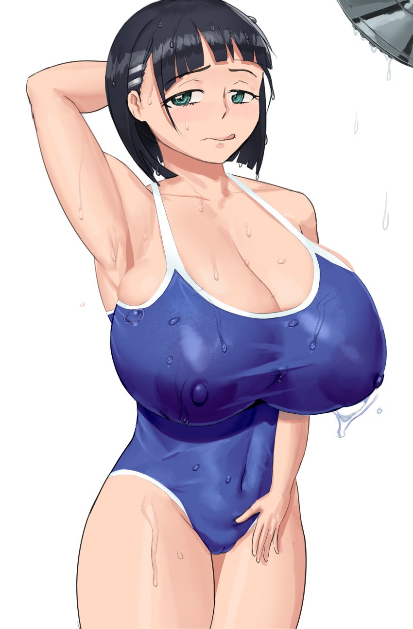 1girls annoyed areolae armpits arms_up asian asian_female big_breasts big_nipples blue_swimsuit blush booruguru cameltoe cleavage cleavage_overflow eyebrows_visible_through_hair female huge_breasts kirigaya_suguha large_areolae large_breasts light-skinned_female light_skin massive_breasts midriff nipples nipples_visible_through_clothing no_panties school_swimsuit shower shower_head showering swimsuit sword_art_online thighs tongue_out top_heavy visible_nipples wet wet_body wet_clothes wet_skin white_background