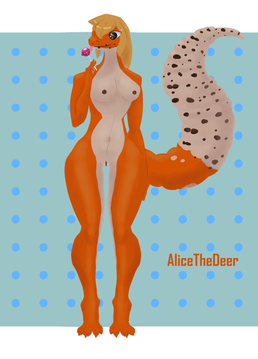 absurd_res alicethedeer anthro black_eyes blue_background breasts digital_media_(artwork) female gecko genitals hair hi_res licking_lollipop lizard nipples nude orange_body orange_tail pinup pose pussy reptile sai_(alicethedeer) scalie simple_background solo thick_tail thick_thighs