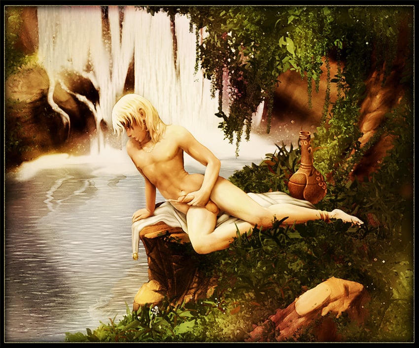 1boy blonde_hair color container cum cute_male detailed_background earrings ejaculation erect_nipples greek_mythology jahi jewelry jug male male_only masturbation muscle narcissus necklace nude on_ground outdoors outside painting_(artwork) penis plants public_domain reflection river selfcest sitting solo tree uncensored vase water waterfall white_hair yuni