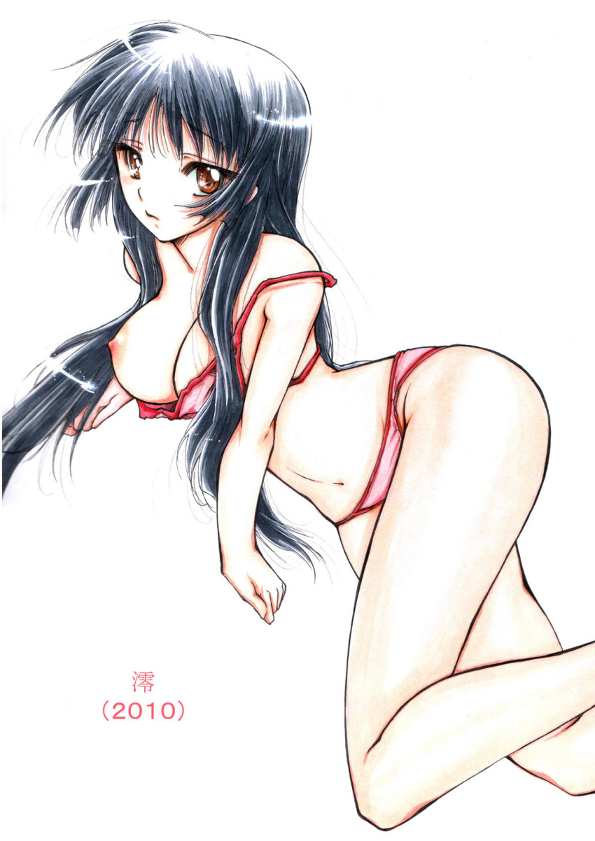 artist_request bikini black_hair blush bra breasts brown_eyes female female_only highres human human_only k-on! lingerie long_hair mio_akiyama_(k-on!) nipple nipples one_breast_out panties solo swimsuit underwear