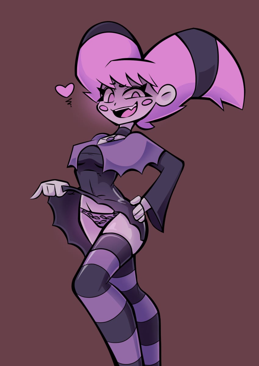 1girls 2024 animal_print blush choker concaerus dc_comics dress dress_lift female heart jinx_(dc) looking_at_viewer pale_skin panties pink_eyes pink_hair presenting presenting_panties print_panties purple_panties sharp_teeth standing striped_legwear tagme teen_titans thighhighs