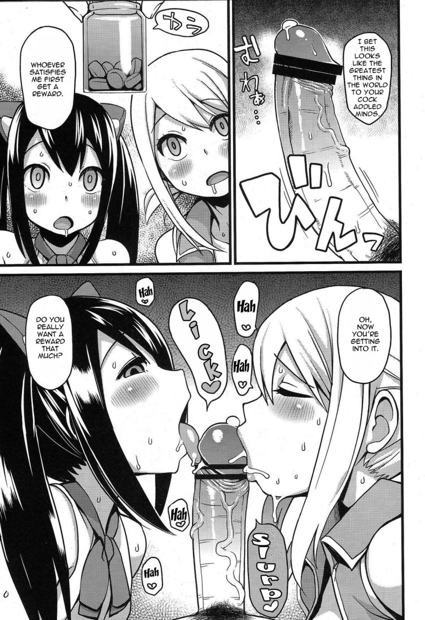 age_difference doujin doujinshi drugs fairy_tail fellatio licking licking_penis lucy_heartfilia onomatopoeia penis precum tamagoro text wendy_marvell young younger_female
