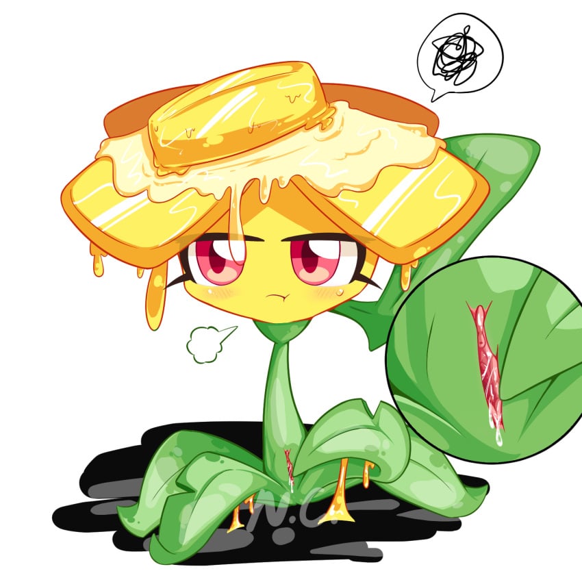 anthro bodily_fluids butter buttercup_(pvz) colanukl electronic_arts elemental_creature elemental_humanoid female flora_fauna flower flower_creature flower_humanoid genital_fluids genitals hi_res humanoid plant plant_humanoid plants_vs_zombies plants_vs_zombies_2:_it's_about_time popcap_games pussy pussy_juice solo video_games