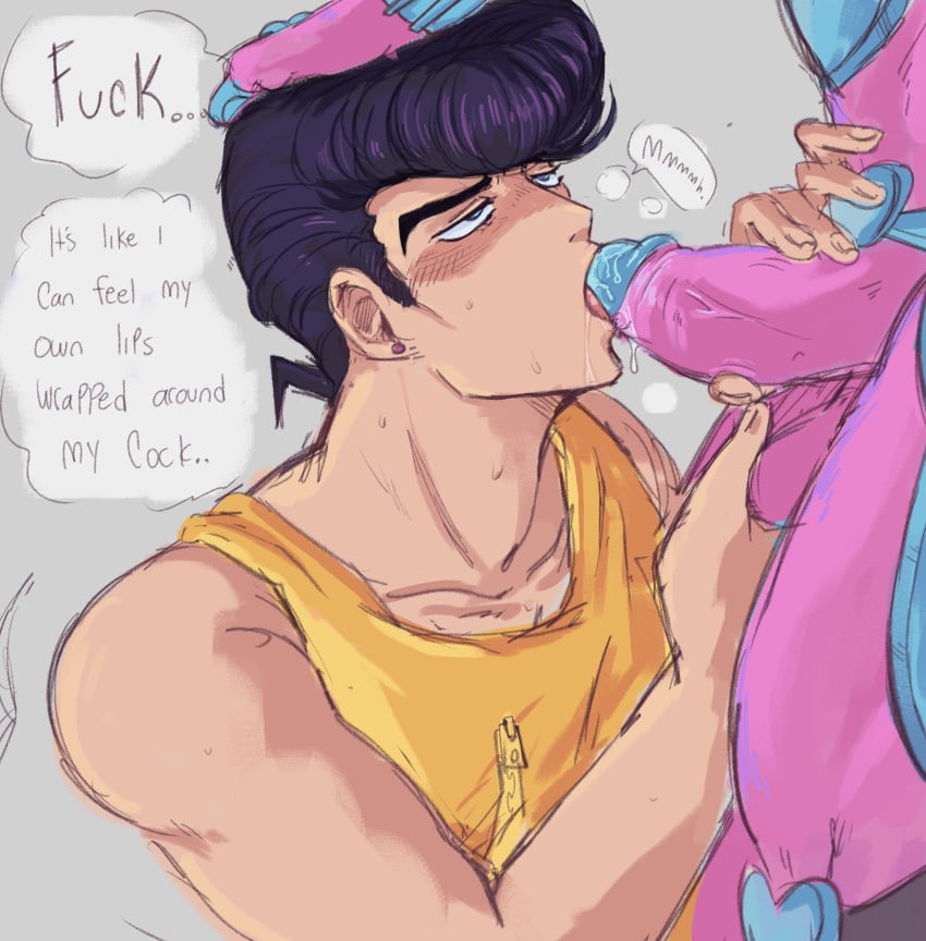 2boys blowjob crazy_diamond dialogue diamond_is_unbreakable gay jojo's_bizarre_adventure josuke_higashikata male male/male male_only oral penis pompadour rimmybone stand_(jjba) standcest toned