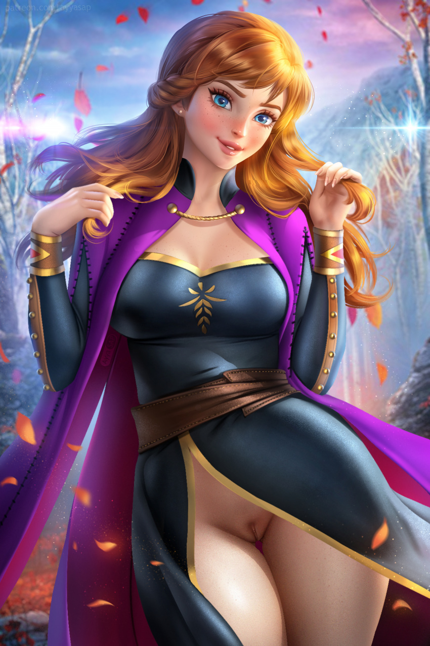 anna_(frozen) ayyasap blue_eyes bottomless cape cropped_top disney edited frozen_(film) large_breasts leaves long_hair long_sleeves looking_at_viewer no_panties no_pants no_pubic_hair nopan paipan pussy red_hair slim_waist smiling standing thick_thighs trees uncensored wide_hips