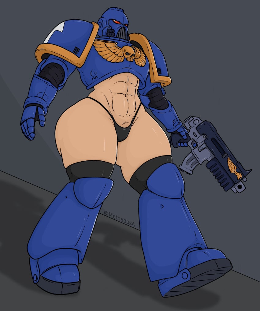 abs absurdres adeptus_astartes bolter bottomless female_space_marine firearm genderbend genderswap genderswap_(mtf) imperium_of_man methados rule_63 solo space_marine tagme ultramarines warhammer_(franchise) warhammer_40k weapon