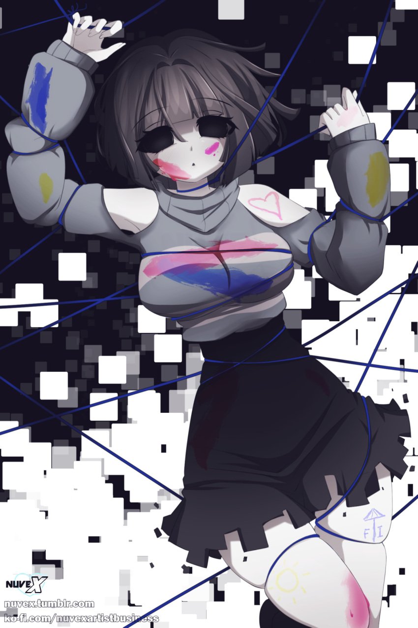 1girls 2d big_breasts black_eyes black_hair black_skirt breasts core_frisk error_sans_(fan_character) errortale female female_only frisk glitch glitched gray_body grey_skin nuvex paint sans short_hair solo string strings tagme undertale undertale_(series) undertale_au