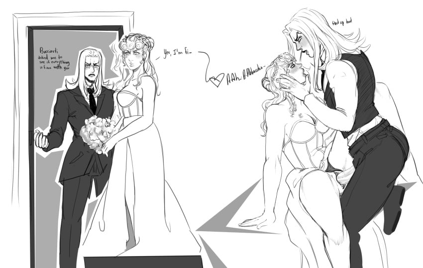 1boy 1girls cheating cheating_on_wedding_day clothed cuckold dialogue female giorno_giovanna jojo's_bizarre_adventure leone_abbacchio male male/female monochrome nemdreams netorare ntr penis pussy rule_63 straight vaginal_penetration vento_aureo wedding_dress