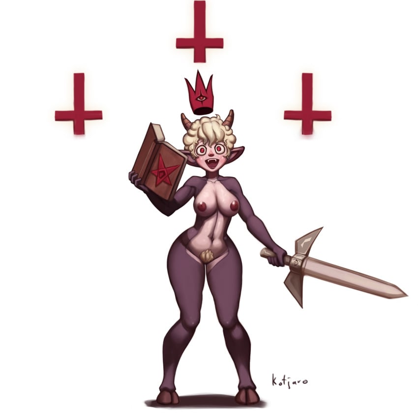 1girls areolae big_hips blonde_hair book breasts cross crown cult_of_the_lamb curly_hair fangs female female_only full_body horn humanoid humanoidized knees_together_feet_apart kotjaro_(artist) lamb_(cult_of_the_lamb) large_breasts light-skinned_female light_skin looking_at_viewer monster_girl nipples nude open_mouth oral pubic_hair red_eyes solo standing sword thick_thighs weapon wide_hips