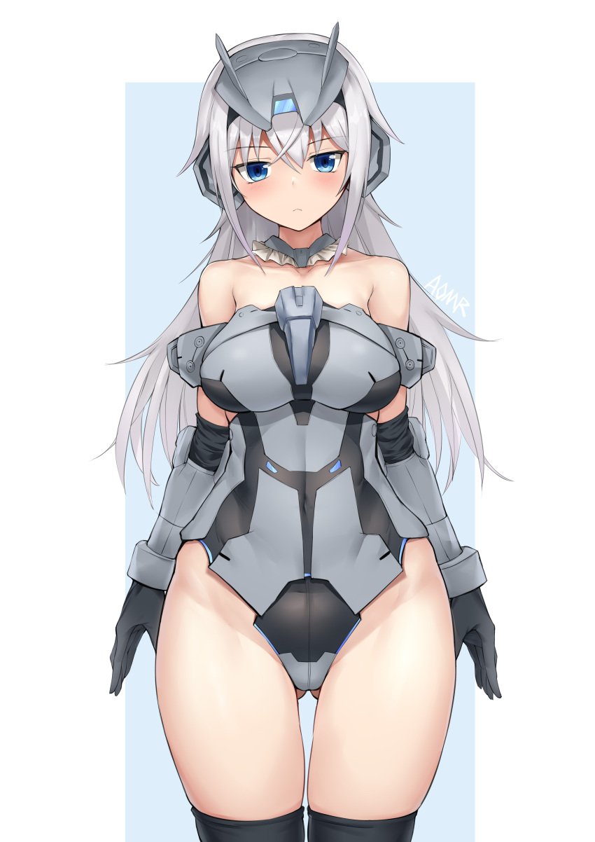 absurdres aomoro architect_(frame_arms_girl) armored_gloves armored_leotard arms_at_sides artist_name bare_shoulders black_thighhighs blue_eyes blush bodysuit breasts closed_mouth collarbone detached_collar elbow_gloves female frame_arms_girl frown gloves grey_background headgear highres large_breasts leotard long_hair looking_at_viewer miniskirt no_pants simple_background skirt solo strapless strapless_leotard thighhighs thighs white_background white_hair