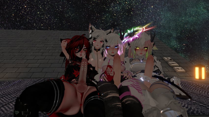 1girls 3futas animal_ears blue_eyes blush futanari horns leash_and_collar mostly_clothed night pierced_penis red_and_black_hair red_eyes tagme vrchat vrchat_avatar white_and_black_hair white_and_pink_hair yellow_eyes