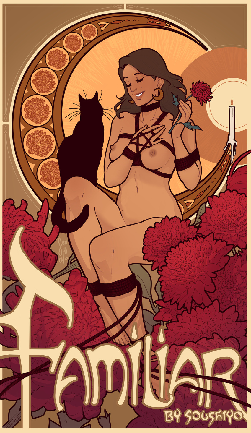 art_nouveau bondage brown_hair brunette candle cat character_request closed_eyes diana_(soushiyo) earrings familiar_(comic) feline female flower jack_(soushiyo) long_hair pentagram pinup soushiyo