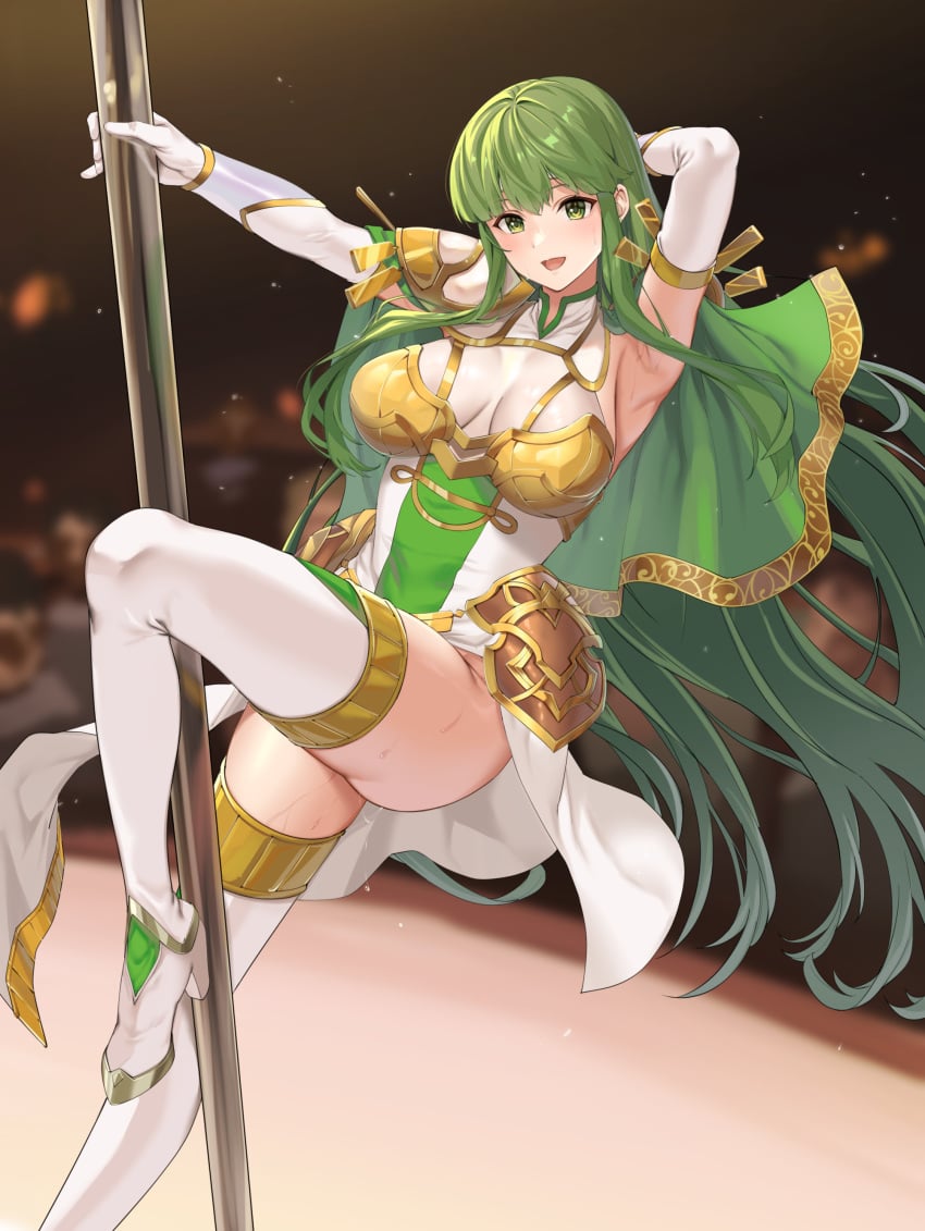 1girls amamimem armor armpits bare_thighs boots breasts capelet commission dancing elbow_gloves female female_focus fire_emblem fire_emblem_echoes:_shadows_of_valentia fire_emblem_heroes fuooooo gloves green_eyes green_hair high_heels highres large_breasts legs long_hair looking_at_viewer nintendo official_alternate_costume open_mouth palla_(falcon_knight)_(fire_emblem) palla_(fire_emblem) pole_dancing skeb_commission solo solo_focus sweat thigh_boots thighs very_long_hair