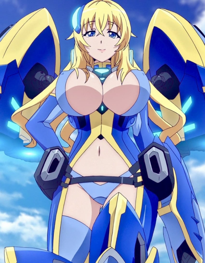 1girls big_breasts blonde_hair blue_eyes breasts busty cleavage female female_only hand_on_hip highres large_breasts legs long_hair looking_at_viewer masou_gakuen_hxh mecha_musume pose smile solo stitched thighs third-party_edit yurishia_farandole