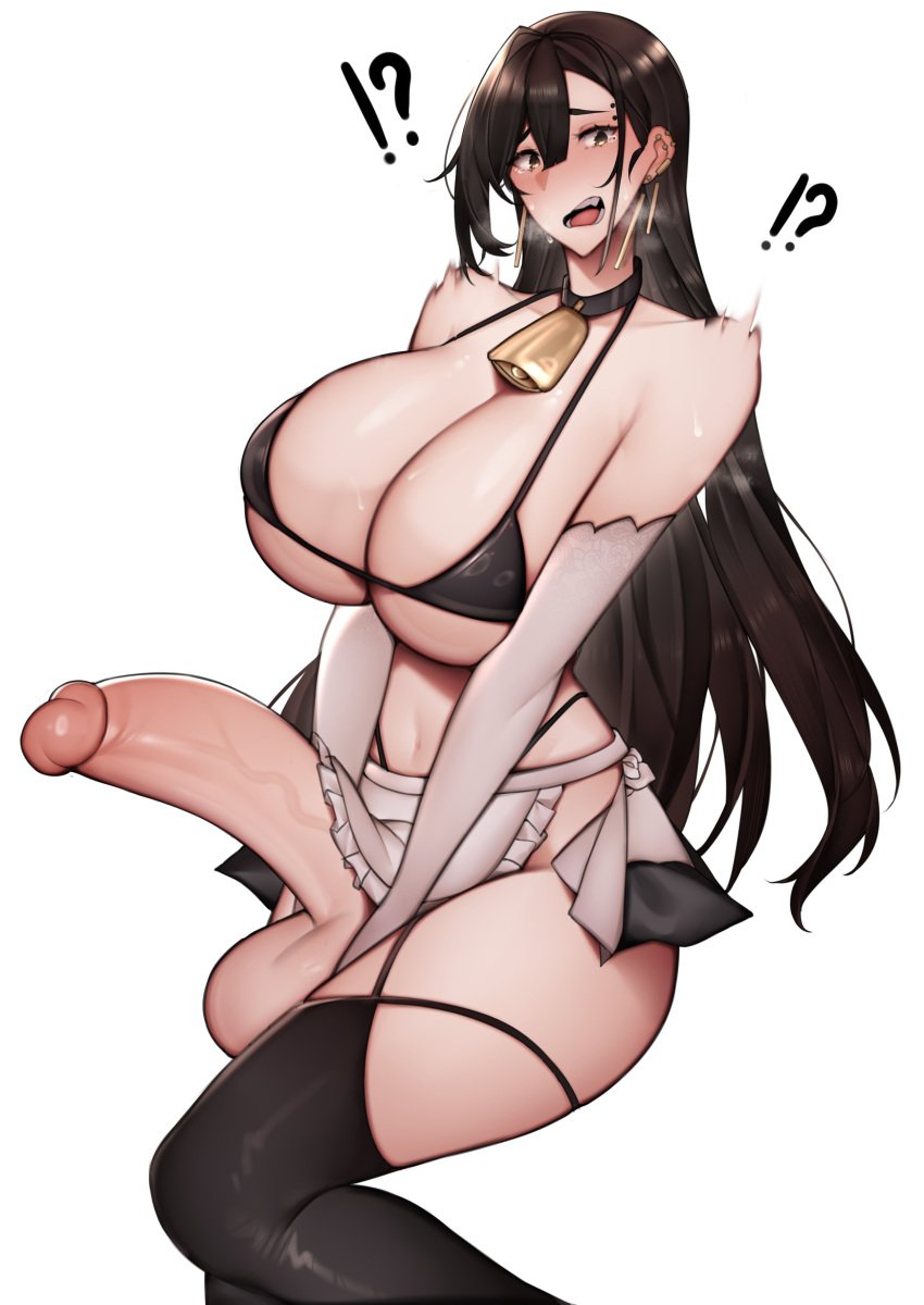 !? 1futa 2022 balls bell_choker big_balls bikini_top black_hair blush breasts choker clothed clothing cowbell elbow_gloves embarrassed erection futa_only futanari gloves hi_res huge_cock human large_breasts light-skinned_futanari light_skin long_hair maid mostly_nude niwada_(unbeller) oc original original_character penis penis_out skirt slim_waist solo thighhighs unbeller uncensored