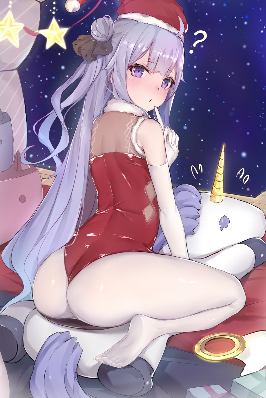 absurdres azur_lane blush box christmas closed_mouth commentary_request diamond_(shape) elbow_gloves female finger_to_mouth full_body fur-trimmed_headwear fur_trim gift gift_box gloves hair_bun hair_ribbon hat highres index_finger_raised leotard long_hair looking_at_viewer looking_back no_shoes one_side_up pantyhose purple_eyes purple_hair red_headwear red_leotard revision ribbon riding santa_hat sherryqq side_cutout sidelocks single_hair_bun single_side_bun sleeveless solo star_(symbol) stuffed_unicorn unicorn_(azur_lane) very_long_hair white_gloves white_pantyhose