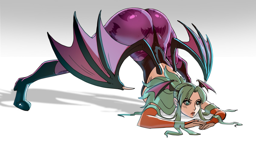 1girls ass bat_print bridal_gauntlets capcom clothing darkstalkers davecavedraws demon_wings face_down_ass_up female female_only green_eyes green_hair head_wings heel_boots hi_res jack-o_pose jackochallenge large_breasts leotard light_blush long_hair meme morrigan_aensland pantyhose purple_pantyhose shadow solo solo_female splits succubus succubus_costume white_background wings