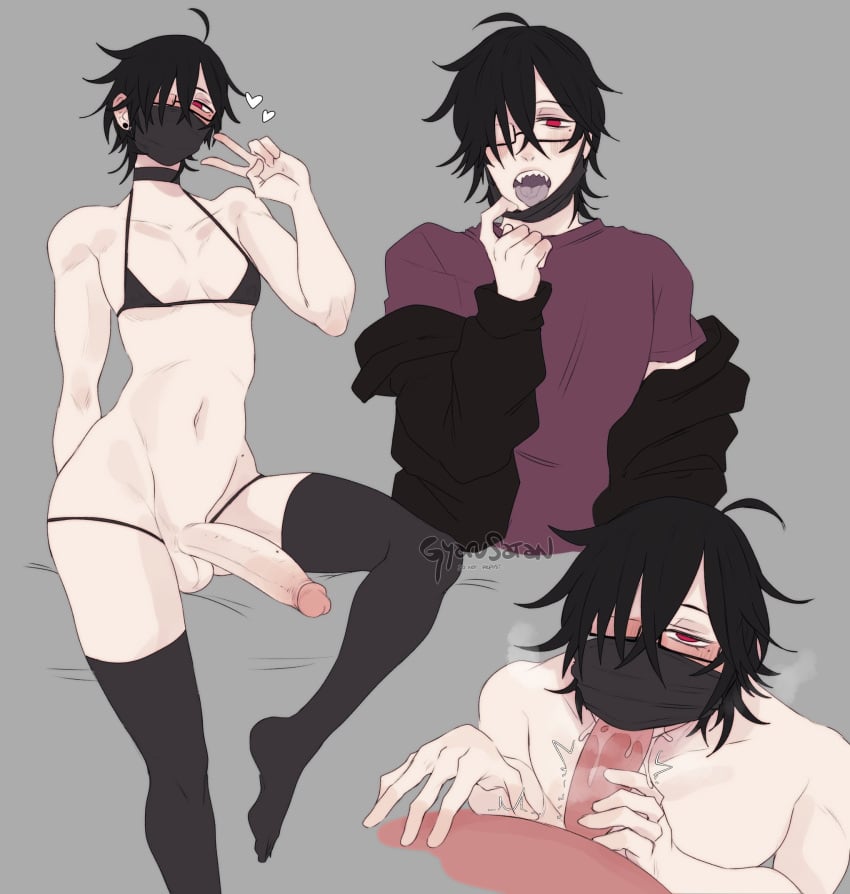 1boy ahoge balls bikini black_hair black_thighhighs blowjob choker fellatio fellatio_under_mask femboy gay glasses grey_background gyarusatan hair_over_one_eye hi_res jade_(gyarusatan) long_penis looking_at_viewer male male_only mask mouth_mask narrowed_eyes open_mouth pale-skinned_male pale_skin penis penis_out red_eyes removing_mask sharp_teeth solo solo_male thighhighs tongue_out v_sign vampire yaoi