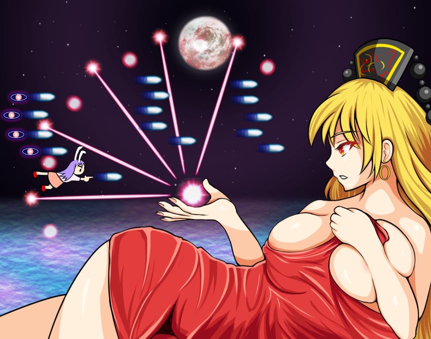 2girls animal_ears bed_sheet big_breasts black_headwear blonde_hair breasts colored_eyelashes covering covering_body covering_breasts earrings earth_(planet) energy_ball energy_beam expressionless finger_gun flying gradient_eyes hip_focus huge_breasts jewelry junko_(touhou) long_hair long_sleeves looking_at_another lying multicolored_eyes multiple_girls ocean on_side options parodius pink_skirt planet profile puck100ml purple_hair rabbit_ears red_eyes reisen_udongein_inaba shiny shiny_clothes shiny_hair shiny_skin shirt skirt space star_(sky) tagme tassel thighs touhou very_long_hair white_shirt yellow_eyes