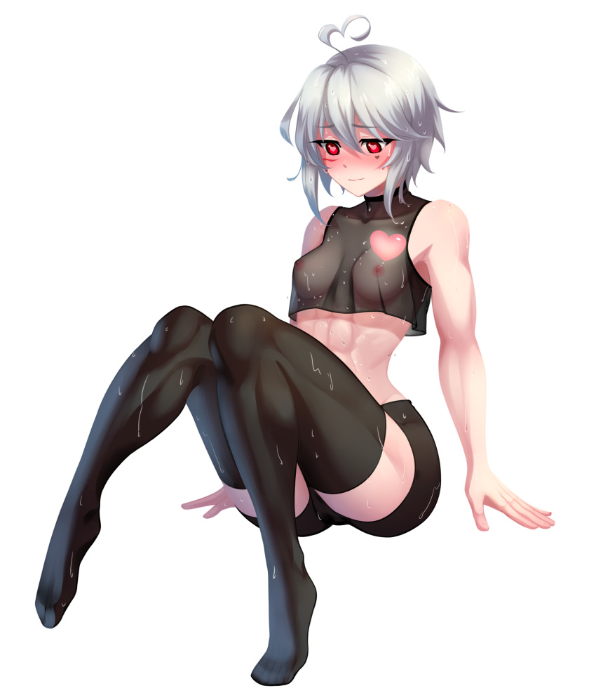 abs black_clothing blush buddy_(buddies) heart-shaped_pupils legs muscular oc red_eyes shy tank_top tomboy wet white_hair