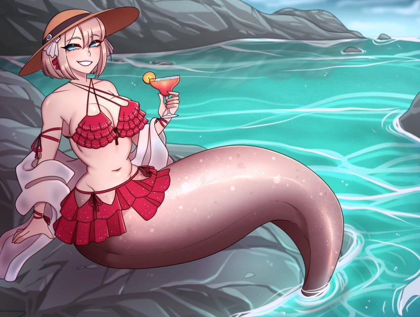 1girls absurd_res bikini blue_eyes cliff drink female female_only frilled_bikini glass hat inkbuns light-skinned_female light_skin looking_at_viewer marine medium_hair mermaid narrowed_eyes pink_hair sea smiling smiling_at_viewer solo solo_female straw_hat teeth_showing