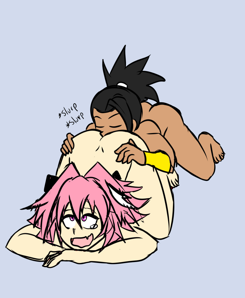 1boy 1girls anilingus ass_licking astolfo_(fate) brown_skin dragon_ball dragon_ball_super fate/apocrypha fate/grand_order fate_(series) female female_on_femboy female_saiyan femboy femboy_anilingus femboy_on_female kale male pink_hair sodaska universe_6 universe_6/universe_7