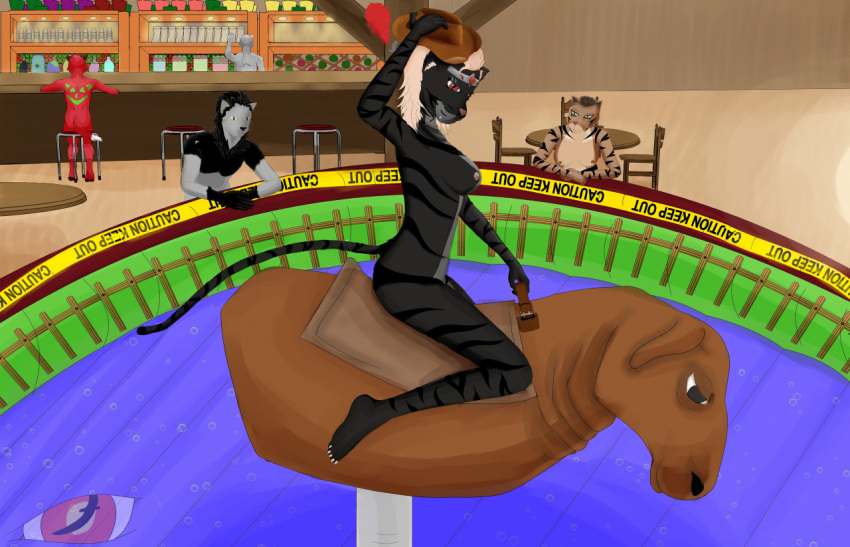 anthro bethesda_softworks blackreaper_bk201 clothing cowgirl_position felid female from_front_position group hat headgear headwear khajiit male mammal nude on_bottom on_top riding rodeo sex sitting the_elder_scrolls video_games