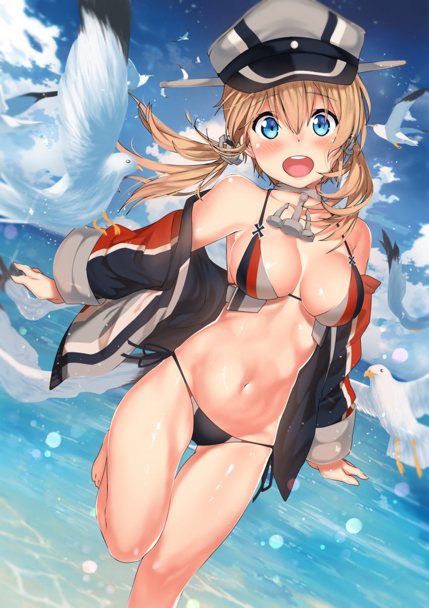 10s :d adapted_costume animal bare_legs bare_shoulders barefoot bikini bird blonde_hair blue_eyes body_blush breasts choker cleavage cloud collarbone cross day derivative_work dutch_angle female grey_headwear hair_between_eyes hat highres horizon imperial_german_flag iron_cross jacket kantai_collection kawai_(purplrpouni) leg_up long_hair long_sleeves looking_at_viewer low_twintails medium_breasts navel ocean off_shoulder open_clothes open_jacket open_mouth outdoors peaked_cap prinz_eugen_(kantai_collection) running seagull shiny shiny_skin side-tie_bikini_bottom skindentation smile solo stomach swimsuit tareme thigh_gap twintails