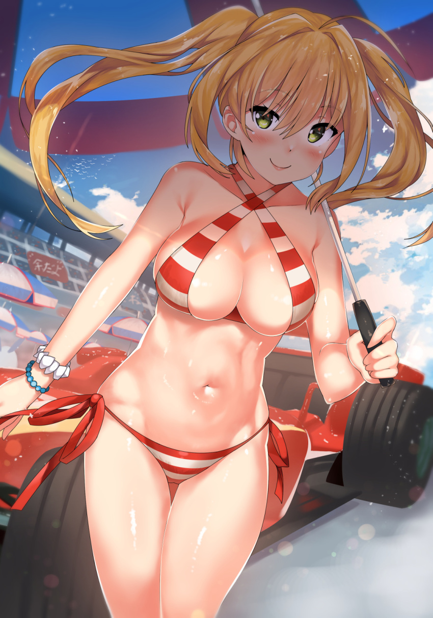 ahoge bikini blonde_hair breasts car cleavage commentary_request day fate/grand_order fate_(series) female green_eyes ground_vehicle hair_intakes halterneck highres kawai_(purplrpouni) large_breasts long_hair looking_at_viewer motor_vehicle navel nero_claudius_(fate) nero_claudius_(swimsuit_caster) outdoors race_queen race_vehicle racecar side-tie_bikini_bottom smile solo striped striped_bikini swimsuit twintails umbrella vehicle