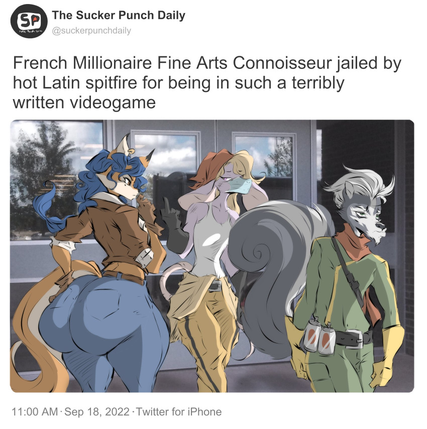 1boy 2girls anthro ass big_ass bubble_butt carmelita_fox clothed clothing cyrille_le_paradox dullvivid english_text female fur furry huge_ass male penelope_(sly_cooper) sly_cooper_(series) smooth_fur tail text trio